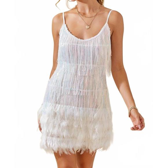 NEW DAY + MOON sequins fringe with feather trims mini dress in white - Picture 1 of 5